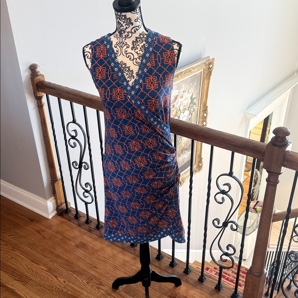 Tracy Negoshian Navy and Orange Geometric Midi Dress
